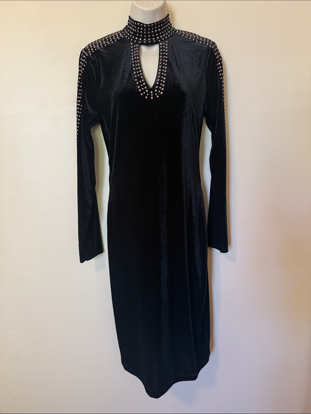 Black Velvet Studded Mock-Neck Dress